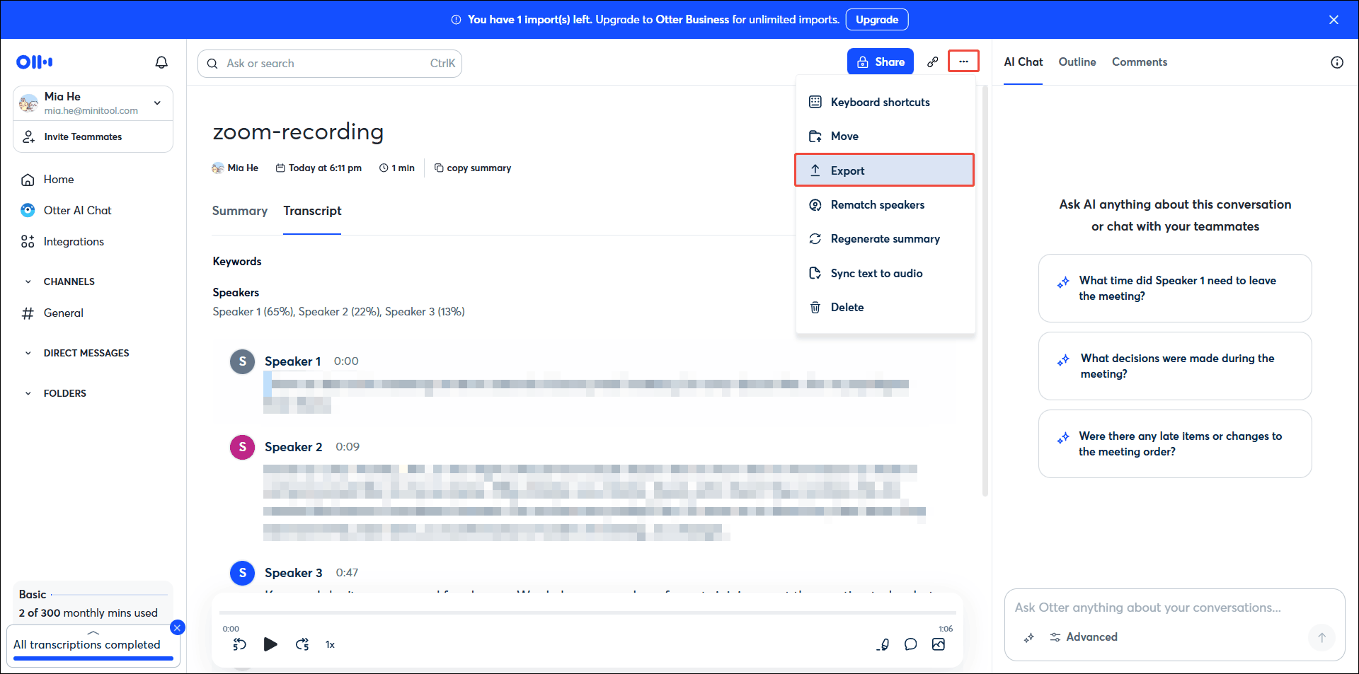 Otter Transcript interface with Export option selected.