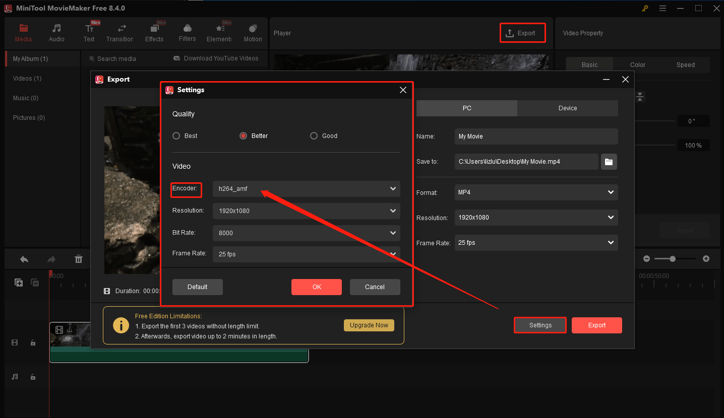 MiniTool MovieMakerでH264オプションを選択している様子
