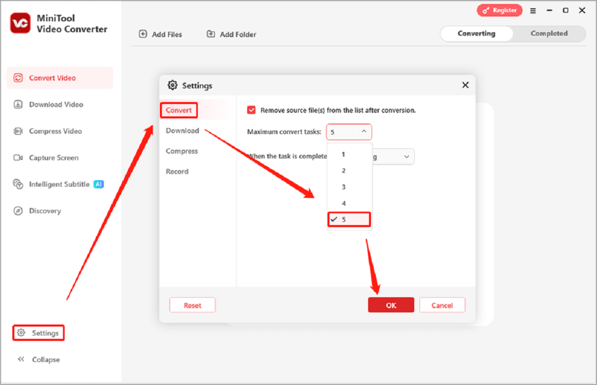 Ein Screenshot zur Anpassung maximaler Konvertierungsaufgaben in MiniTool Video Converter.