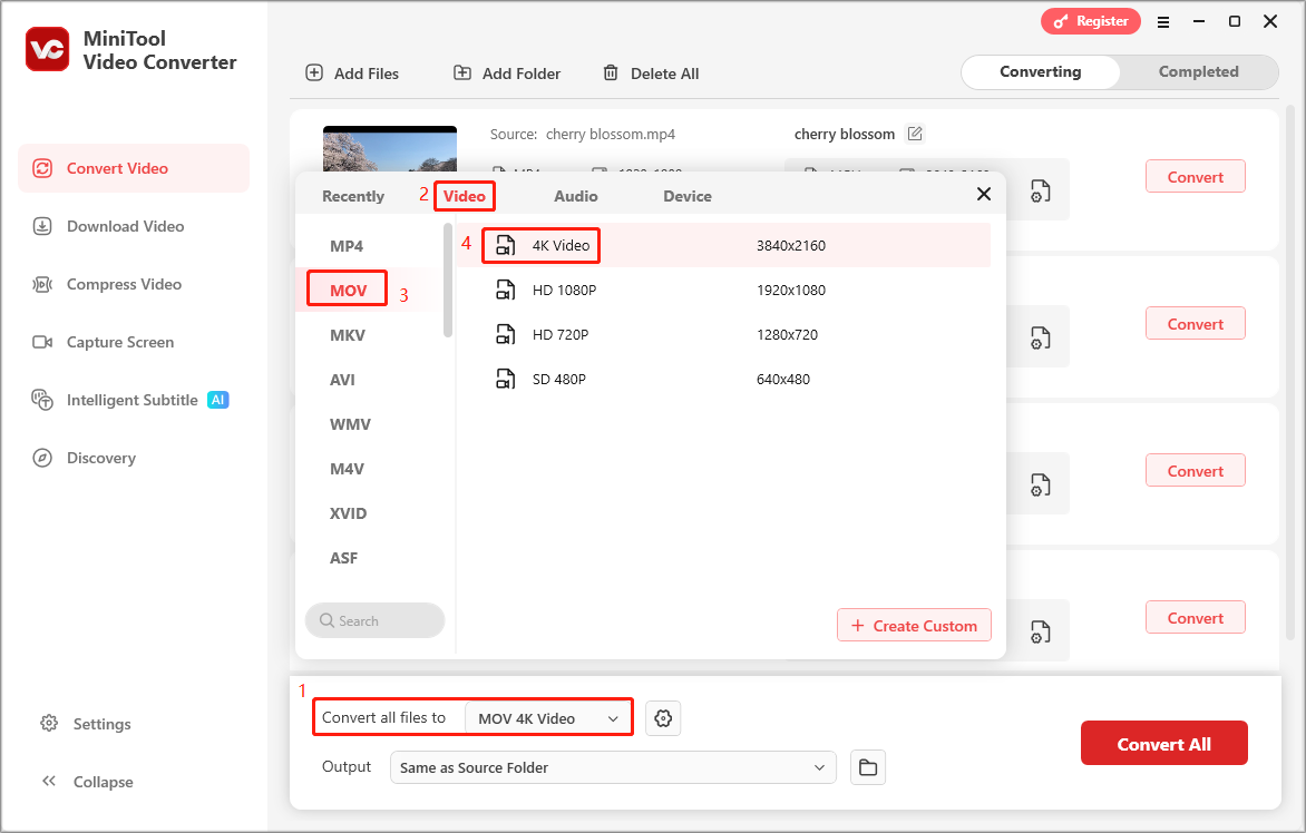 Ein Screenshot zum Festlegen des Ausgabeformats für mehrere Videos in MiniTool Video Converter.
