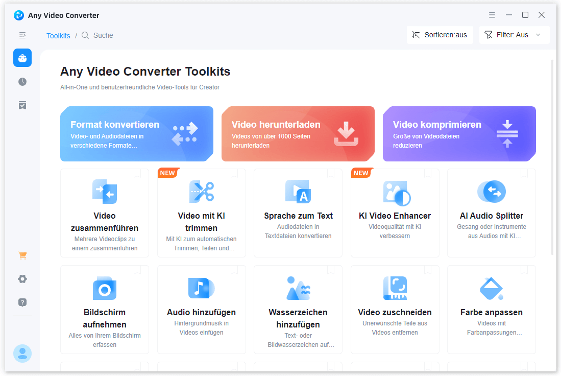 Ein Screenshot zur Startseite von Any Video Converter.