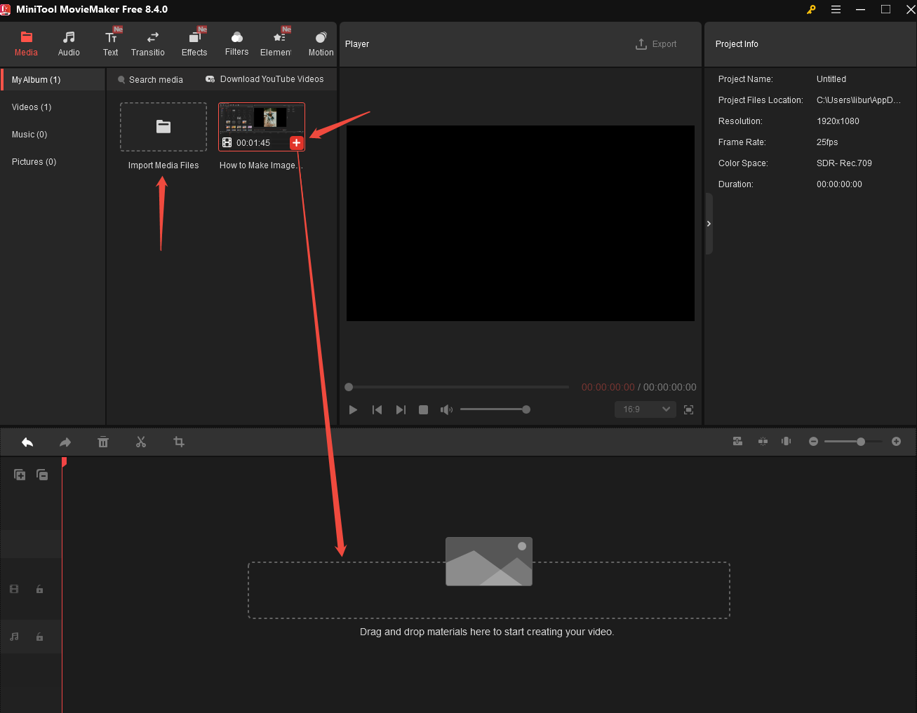 Click on Import Media Files to import video, click on the + icon, or drag and drop the video into the timeline in MiniTool Video Converter