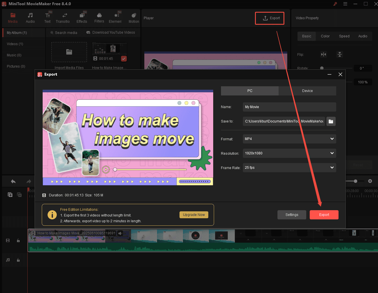 Click on Export to enter the Export window, and click on Enter to export the trimming video in MiniTool Video Converter