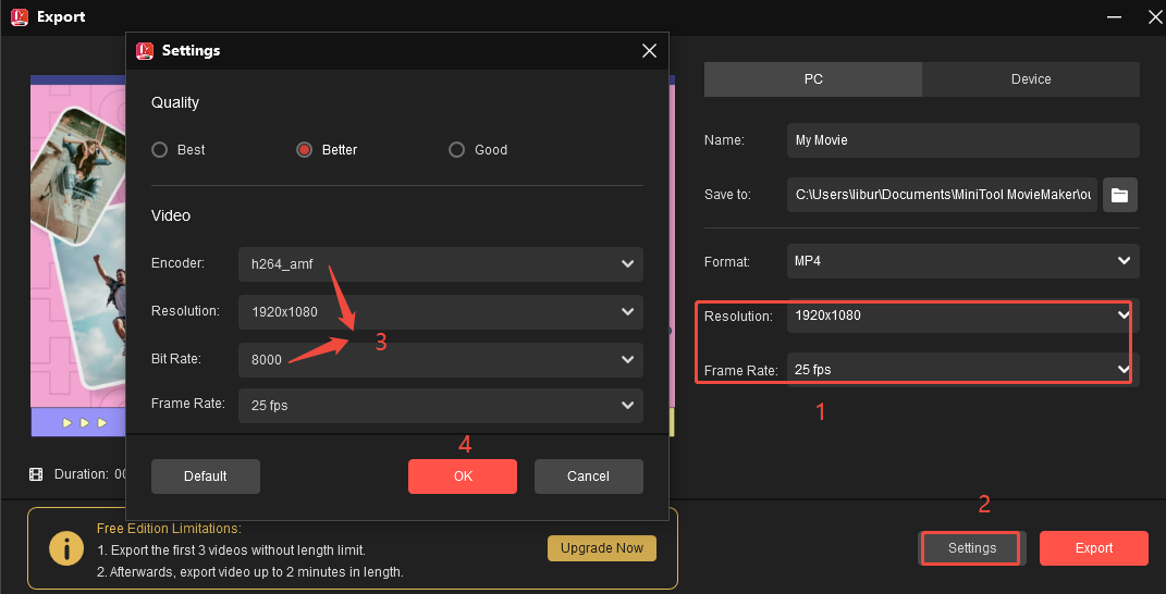 Select a low resolution and frame rate, click on Settings to adjust the encoder and bitrate, then click on OK to save the changes in MiniTool MovieMaker