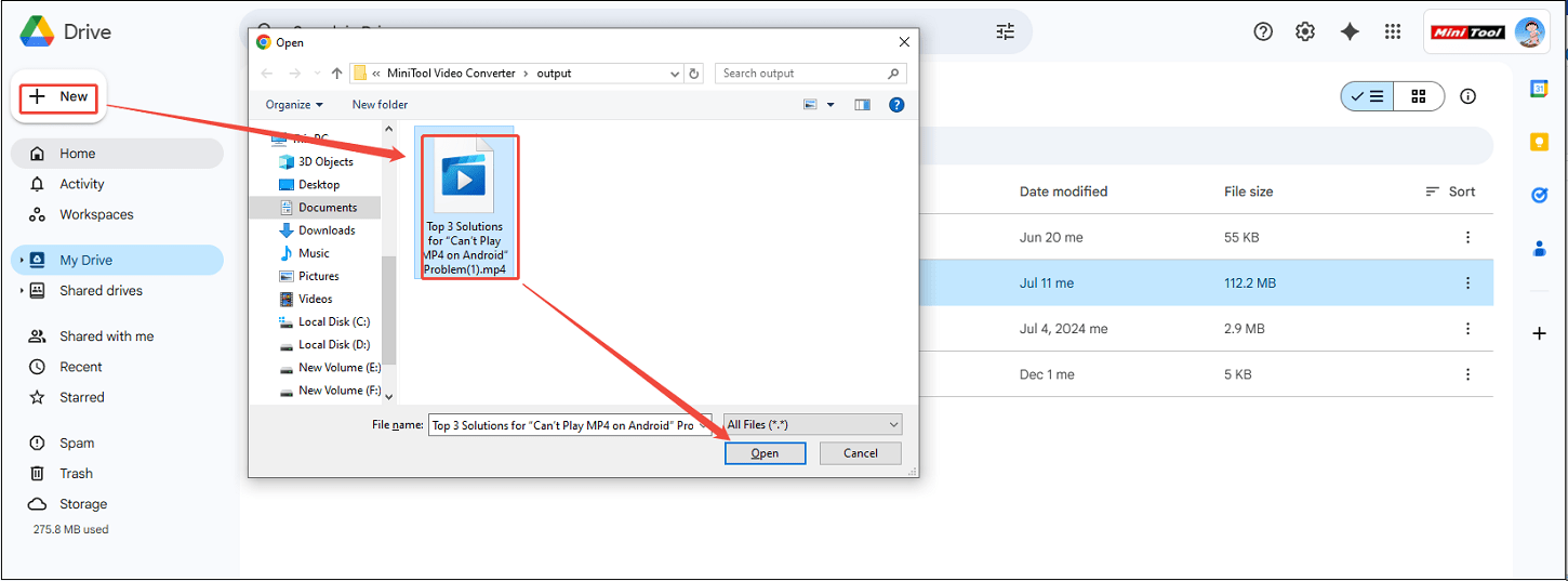 Click on + New > File upload, choose the video, and click on Open to add to Google Drive