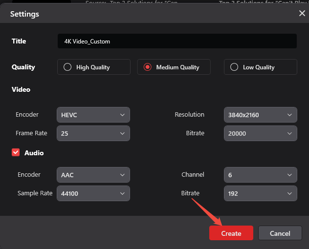 Specify video and audio settings and click on Create in MiniTool Video Converter