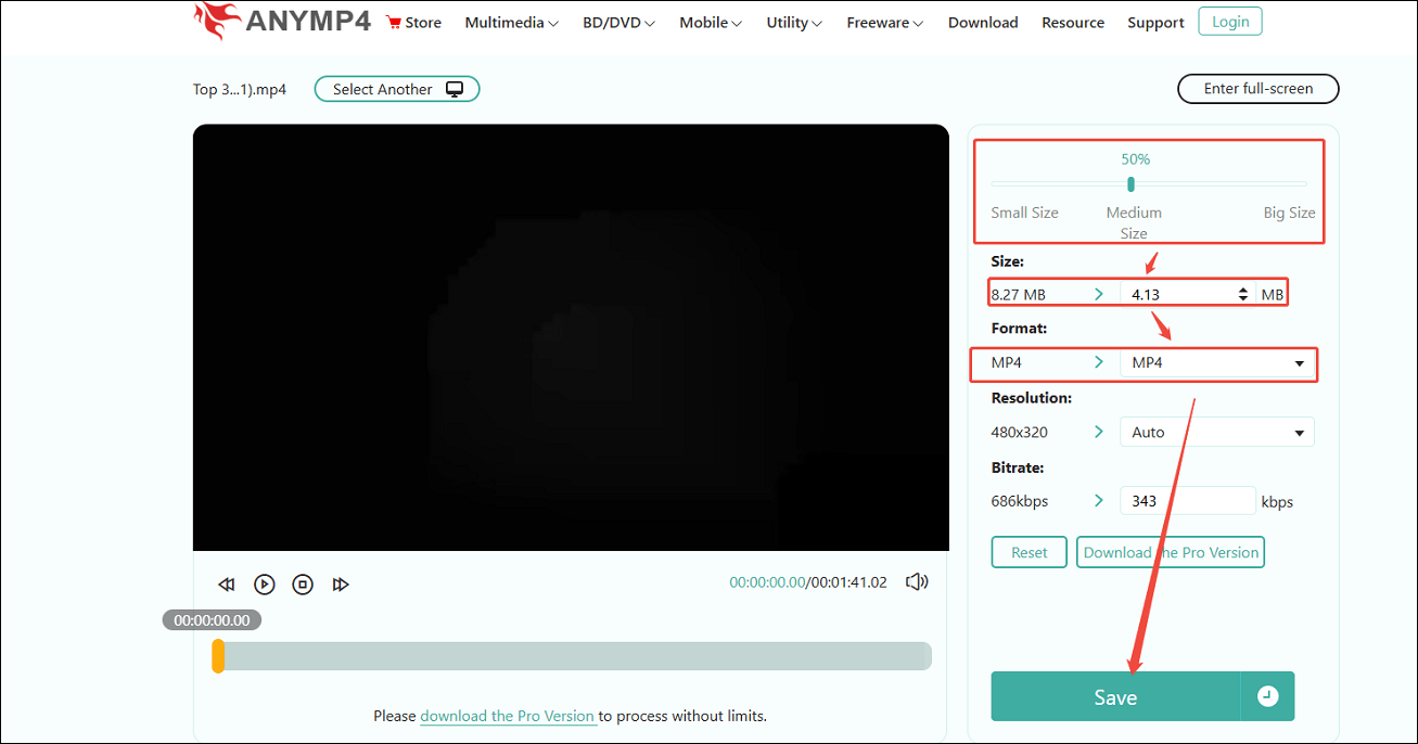 Move the slider, or manually type the accurate video size into the box, expand the Format to choose a video format, and click on Save to compress video in AnyMP4 Online Video Compressor