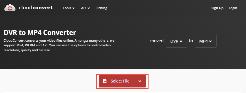 CloudConvert interface with the Select File option selected.