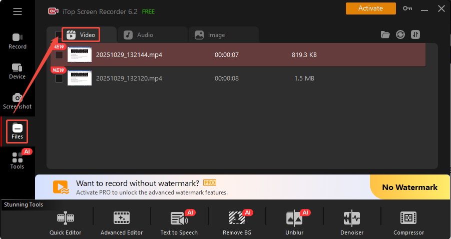Ein Screenshot zum Finden und Abspielen der aufgenommenen Videos in iTop Screen Recorder.