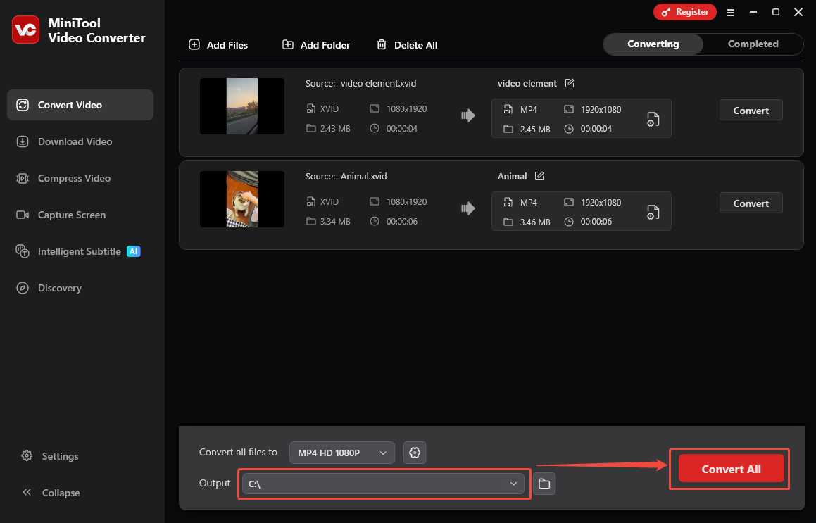 MiniTool Video Converter’s Convert Video interface with the Output option selected and the Convert All button chosen.