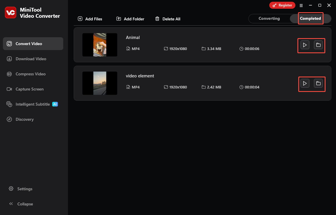 MiniTool Video Converter’s Convert Video interface with the Play and Folder icons selected under the Completed section.