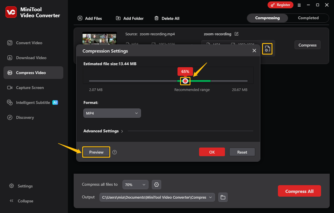 MiniTool Video Converter Compress Video interface showing how to adjust the compression level and preview the video.