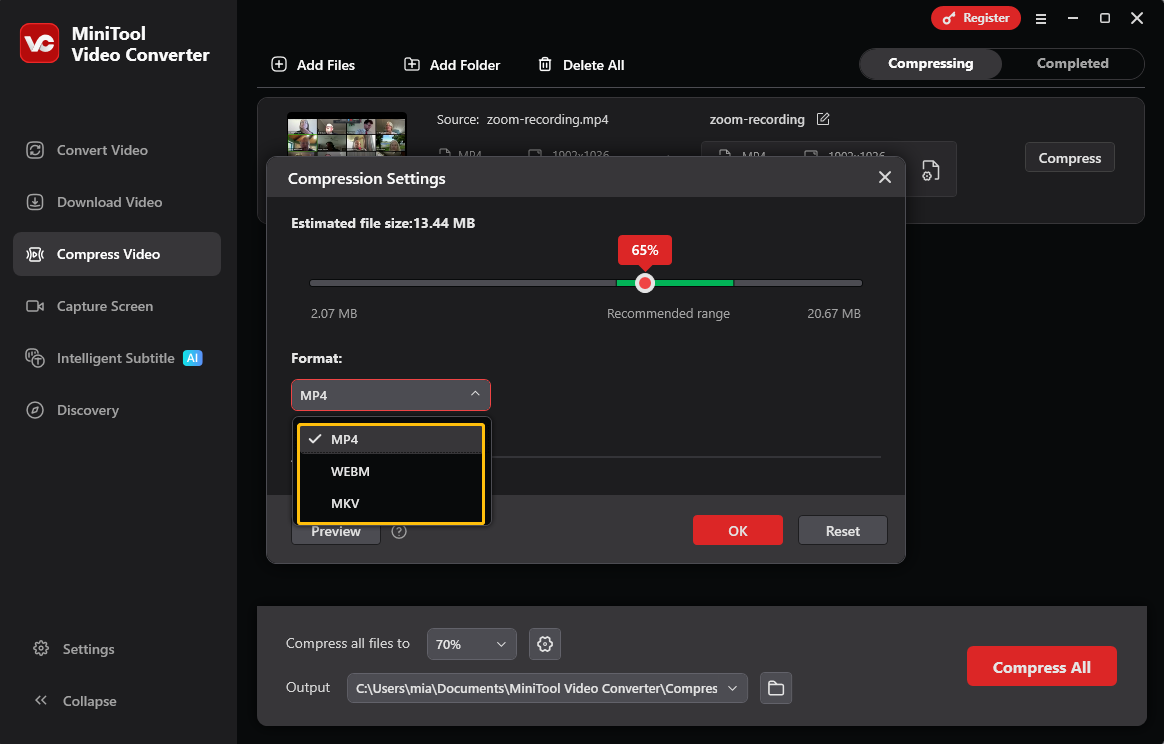 MiniTool Video Converter Compression Settings window with MP4, WEBM, and MKV three output format options highlighted.