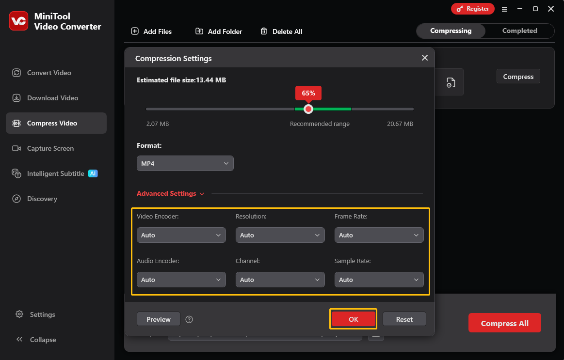 MiniTool Video Converter Compression Settings window with the options of Advanced Settings highlighted.