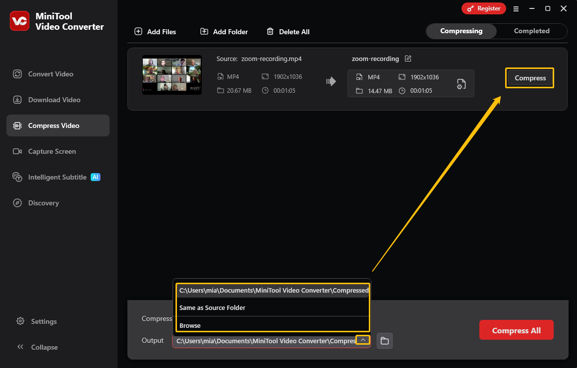 MiniTool Video Converter Compress Video interface with the output format and the Compress button highlighted.
