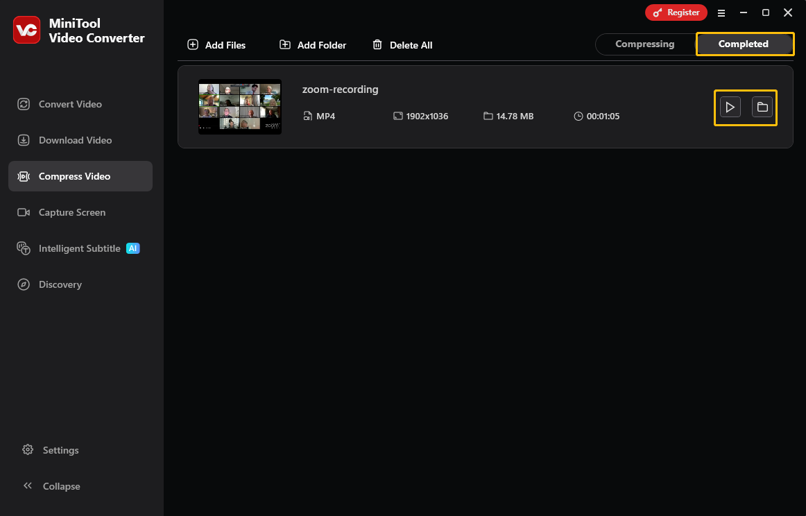 MiniTool Video Converter Compress Video interface with the play icon and folder icon selected under the Completed tab.