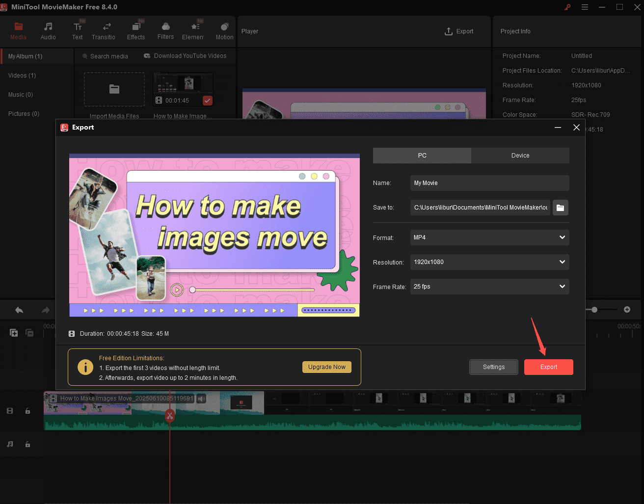 Click on Export to compress the video in MiniTool MovieMaker