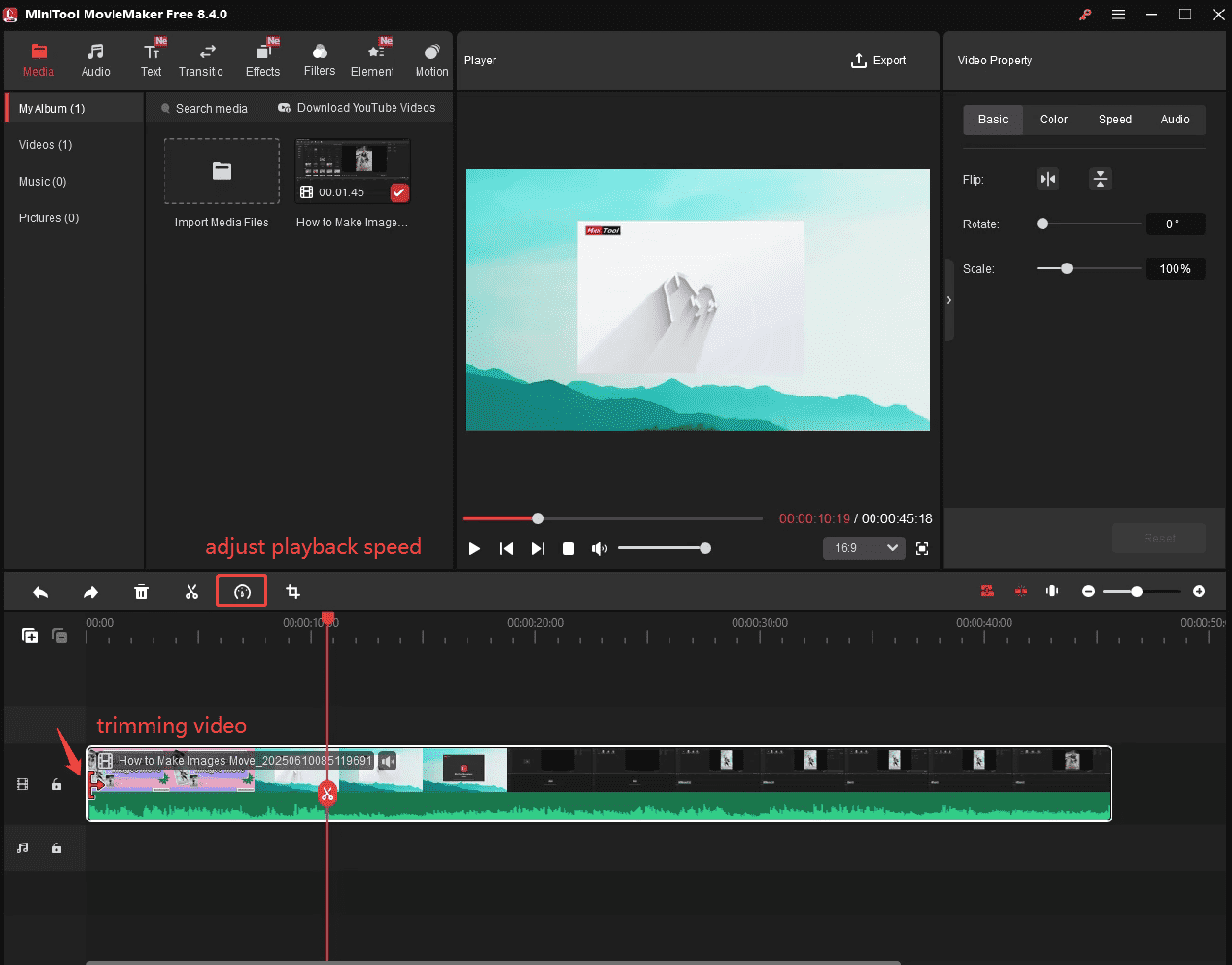 Compressing the video by trimming the video or adjusting the playback speed in MiniTool Video Converter
