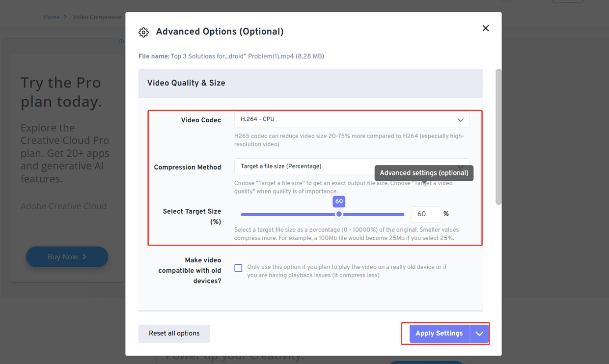 Adjust the advanced settings and click on Apply Settings for compressing the video with FreeConvert
