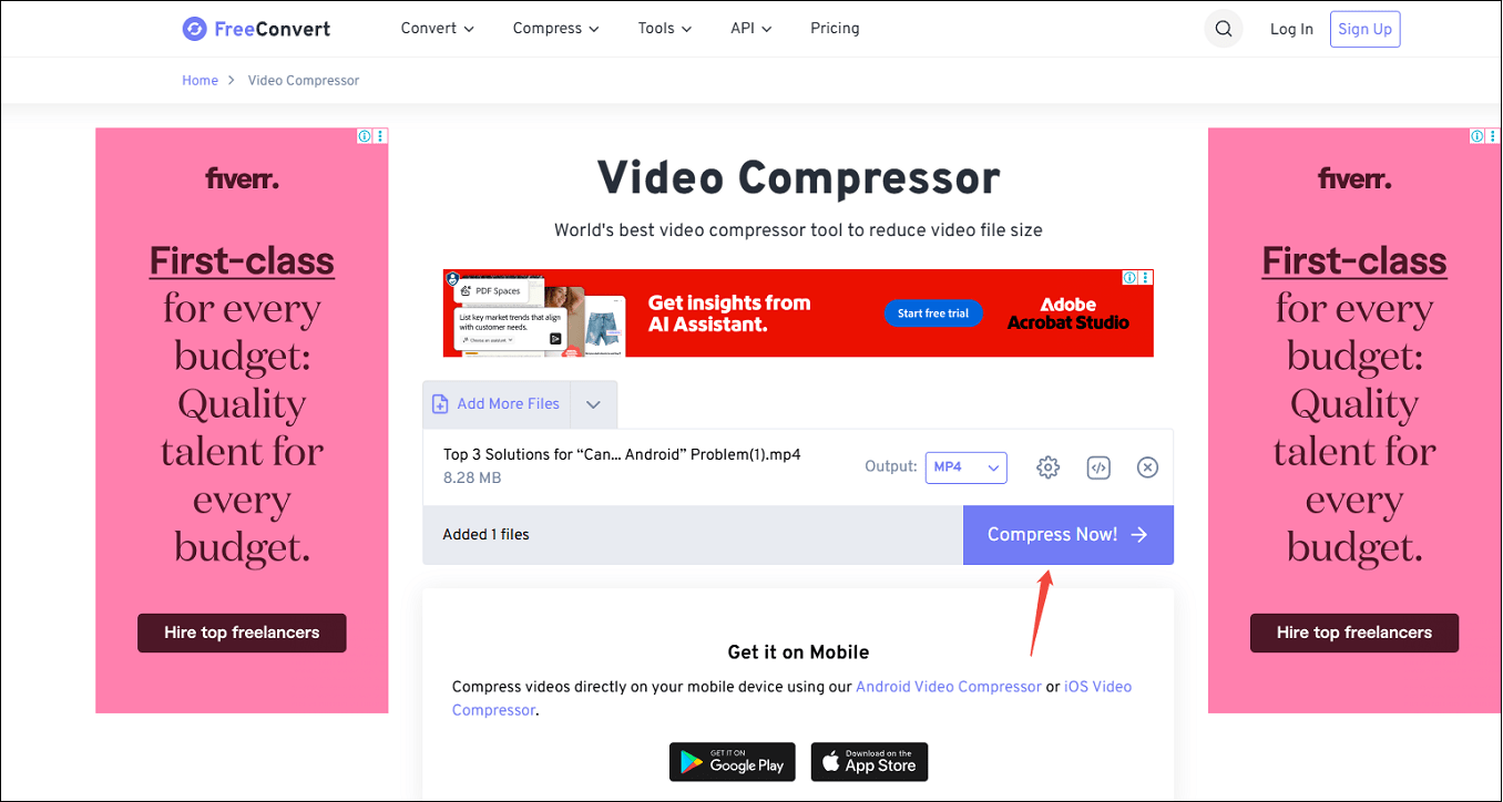 Click on Compress Now! to compress the video in FreeConvert