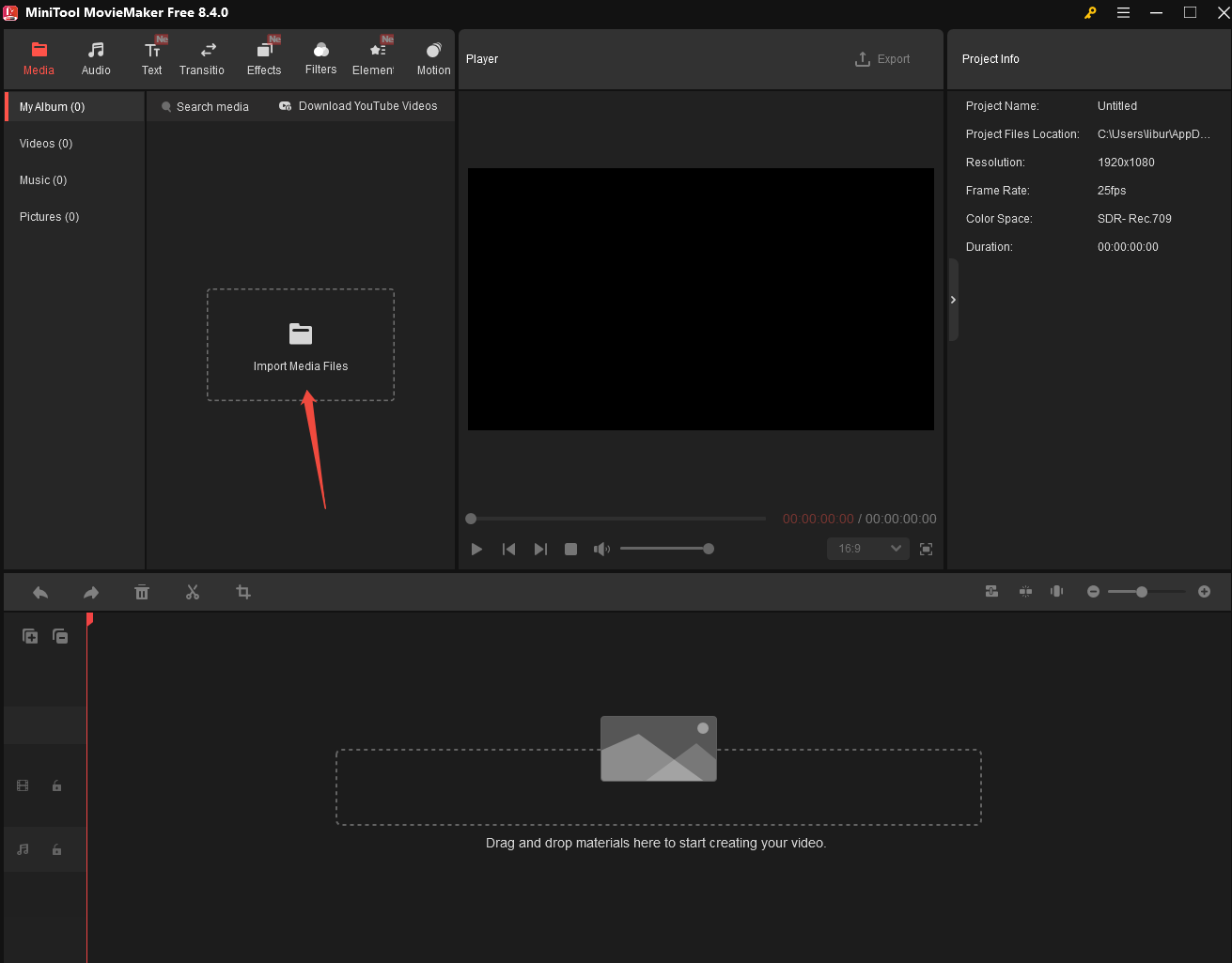 Click on Import Media Files to import video to MiniTool MovieMaker