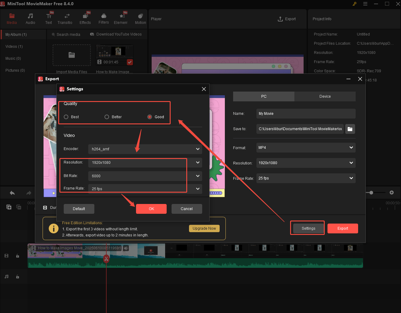 Clicking Settings, change video quality, resolution, bitrate, or frame rate, and click on OK to save the changes in MiniTool MovieMaker