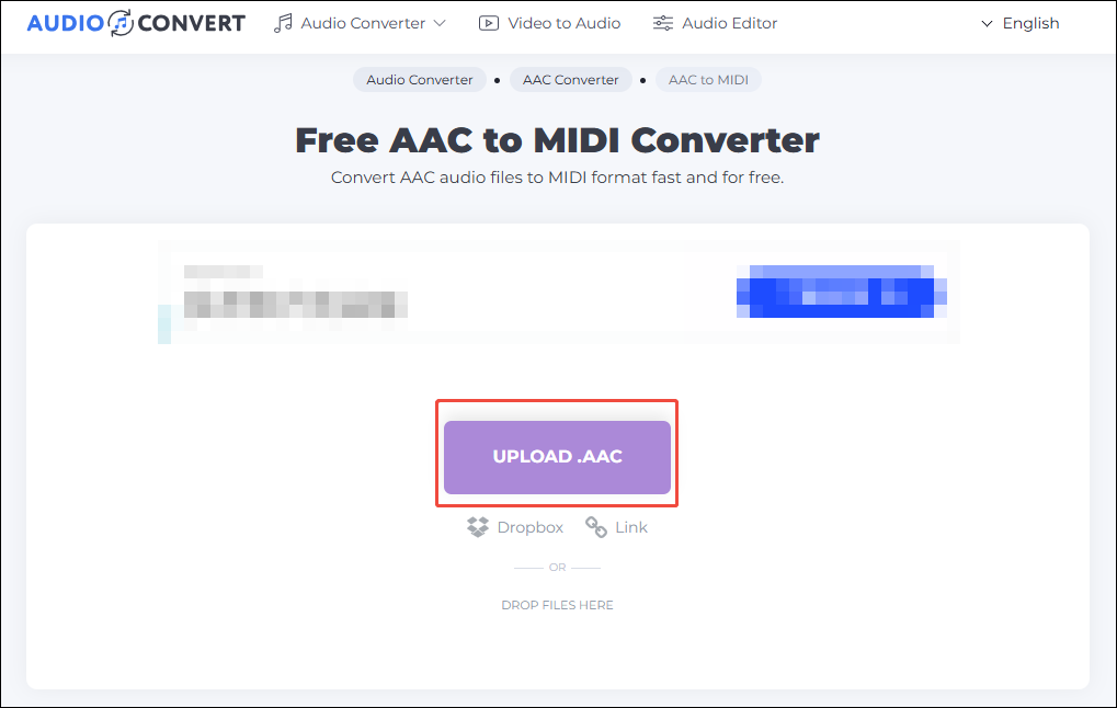 AUDIO-CONVERT interface with the UPLOAD option selected.