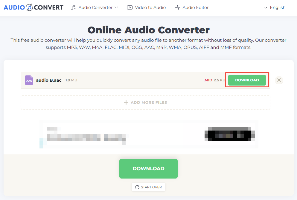 AUDIO-CONVERT interface with the DOWNLOAD button selected.