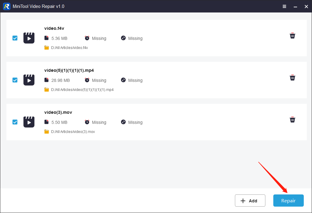 MiniTool Video RepairでRepairボタンをクリックしている操作画面