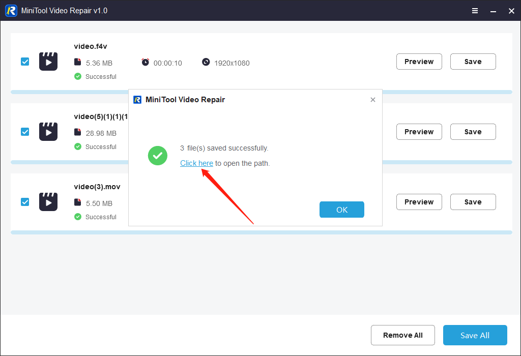 MiniTool Video RepairでClick hereと表示されたリンクを選択している様子を示す画面