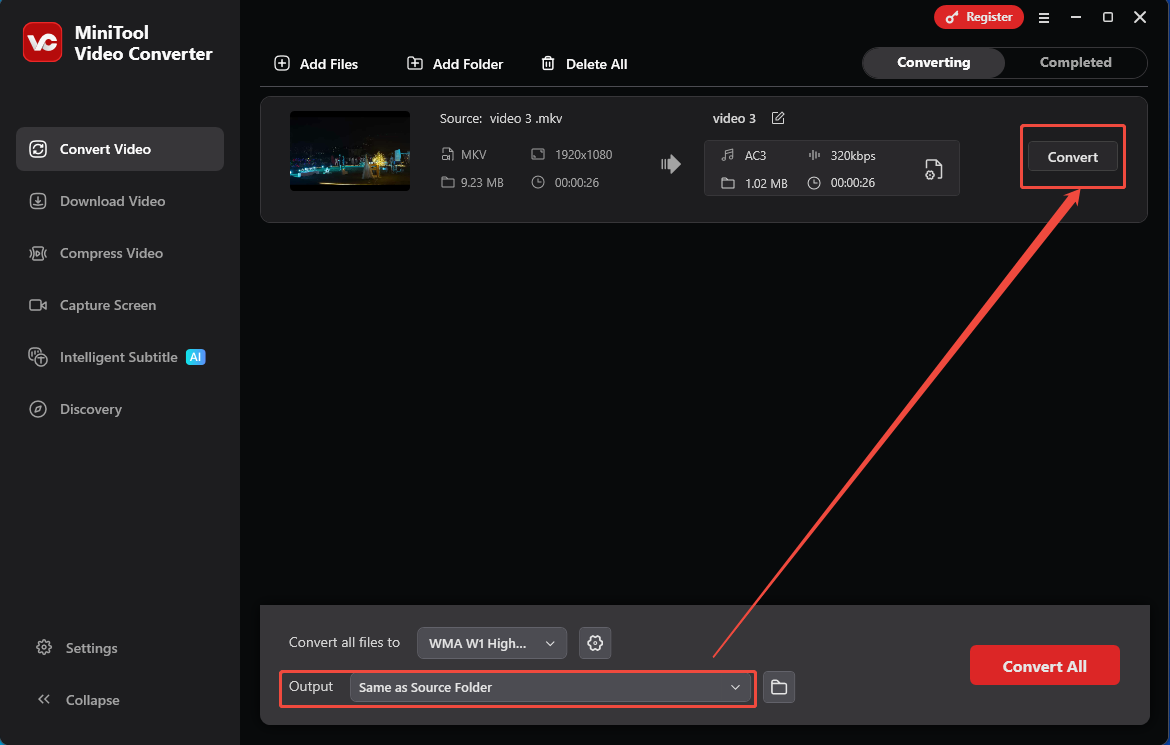 MiniTool Video Converter Convert Video tab with the Output option and the Convert button selected.