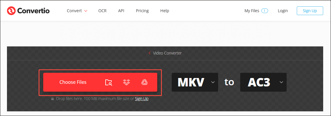 Convertio interface with the Choose Files option selected.