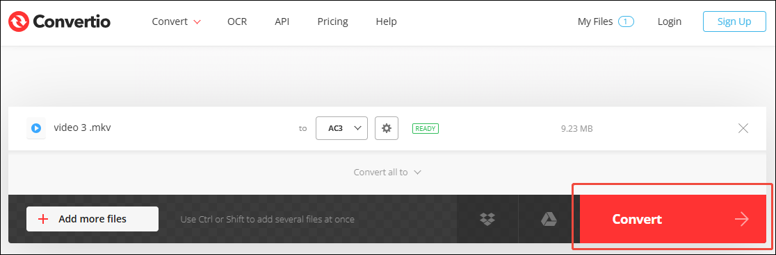 Convertio interface with the Convert button selected.