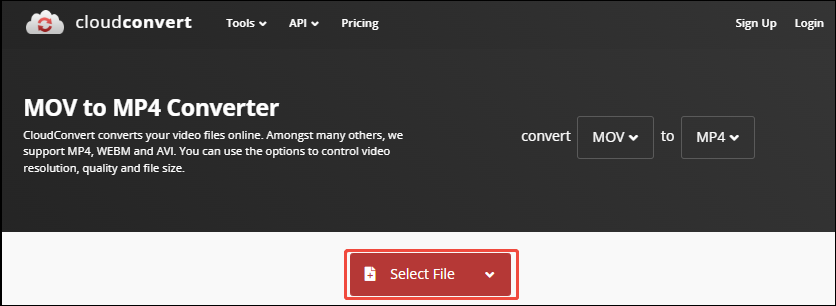 CloudConvert interface with the Select File option selected.