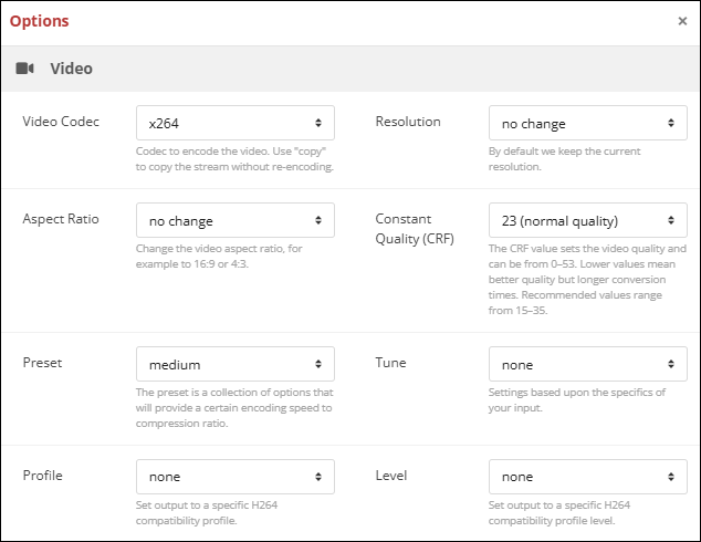 The interface of CloudConvert Options window.