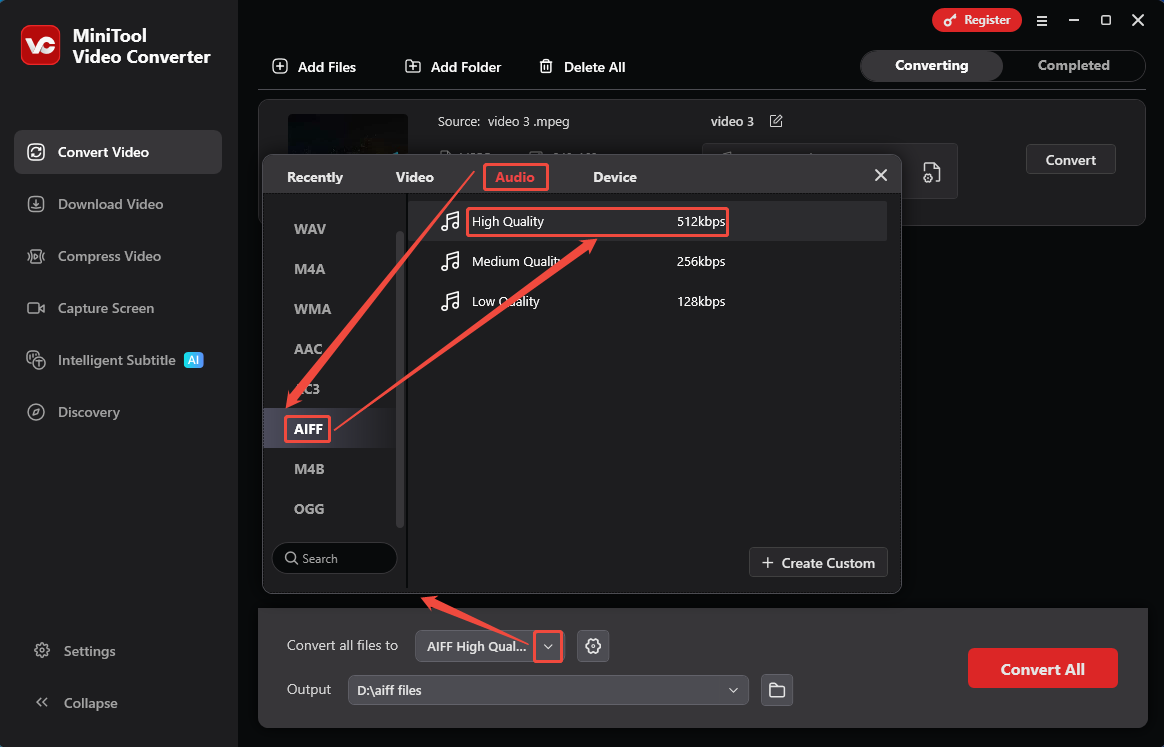 MiniTool Video Converter interface showing how to set AIFF as the output format.