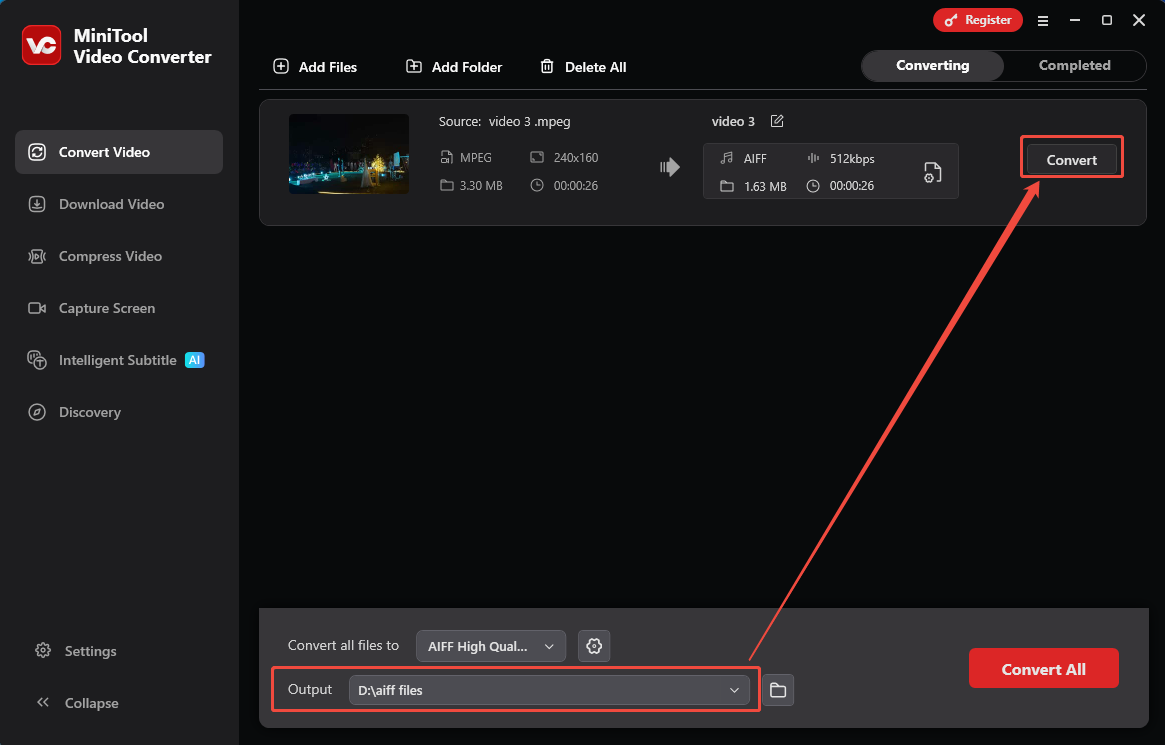 MiniTool Video Converter interface with the Output option and the Convert button selected.