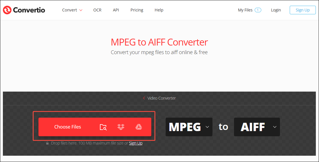 Convertio interface with the Choose Files option selected.