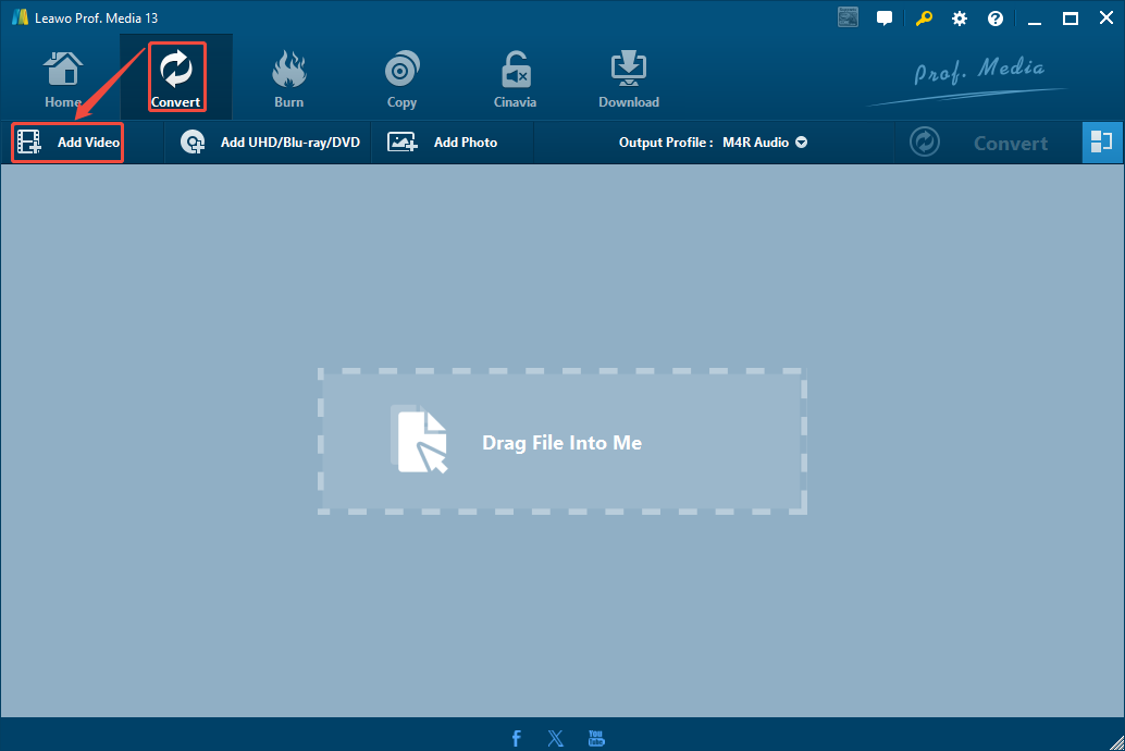 Leawo PROF. Media 13 interface with the Convert tab and the Add Video option selected.