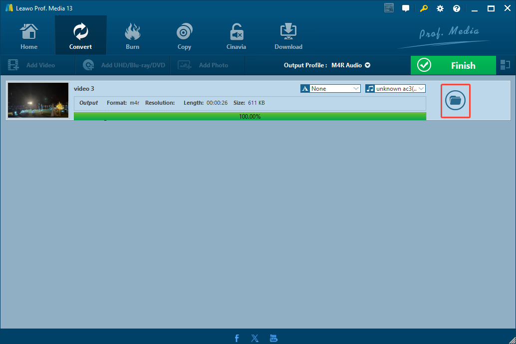 Leawo PROF. Media 13 interface with the Folder icon selected to locate the converted audio.