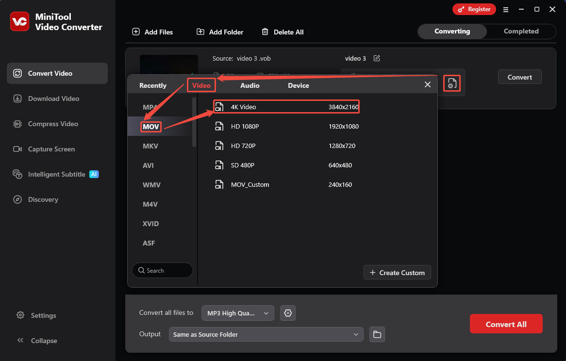 MiniTool Video Converter output format window showing how to set the MOV format in the Convert Video tab.