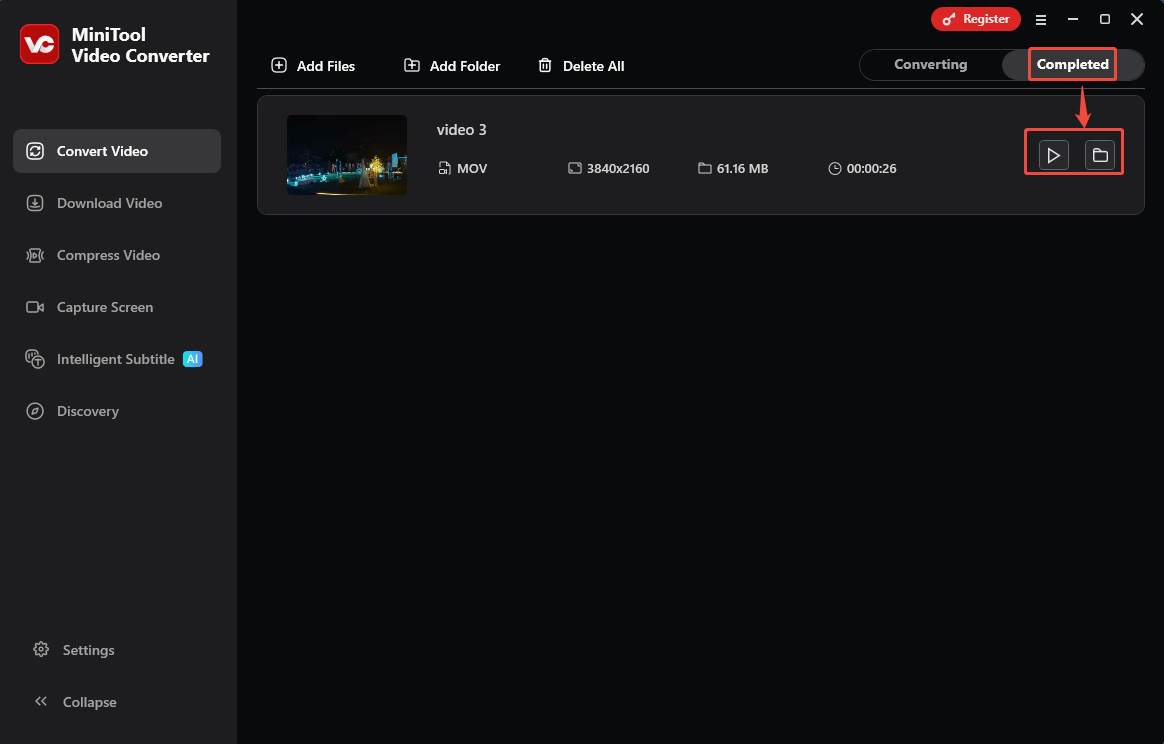 MiniTool Video Converter Convert Video tab with the Play icon and the Folder icon selected under the Completed tab.