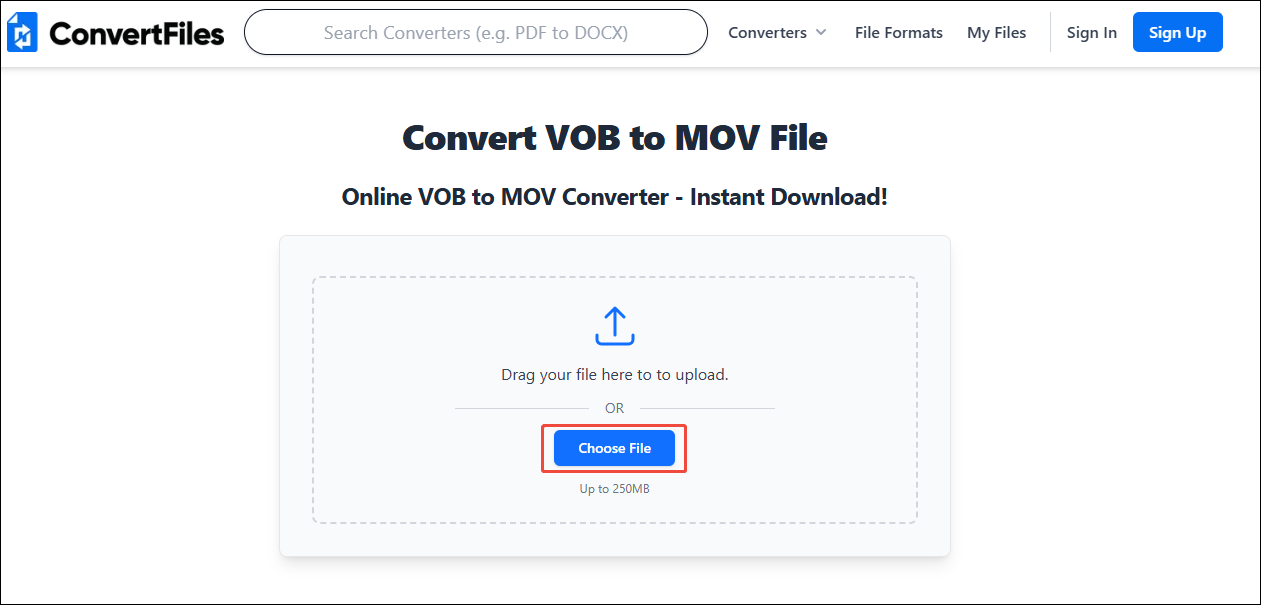 ConvertFiles interface with the Choose File option selected.