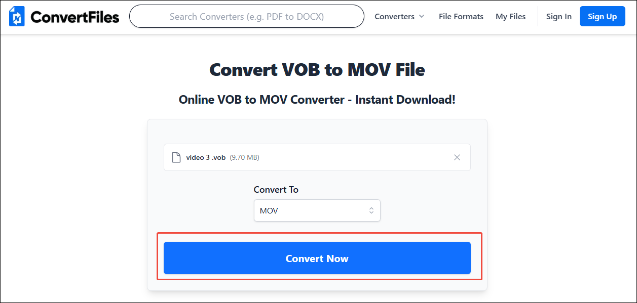 ConvertFiles interface with the Convert Now button to begin the conversion.