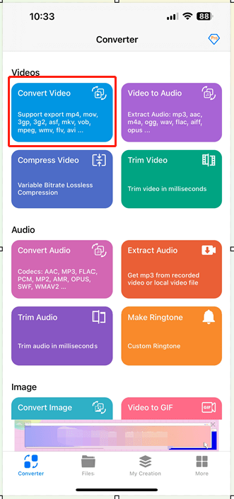 Media ConverterでConvert Videoオプションを選択している様子