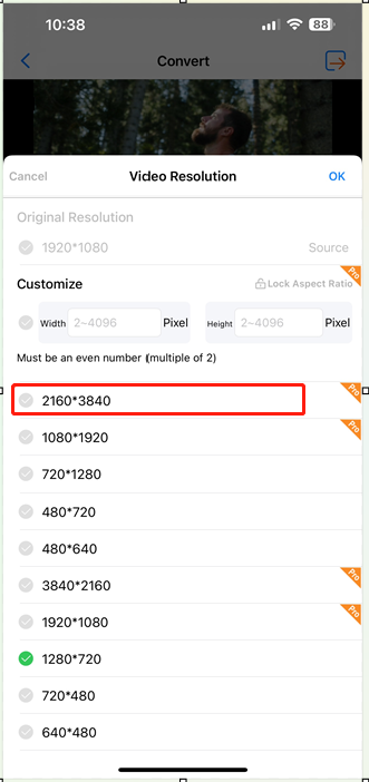 Media Converterで2160*3840オプションを選択している様子