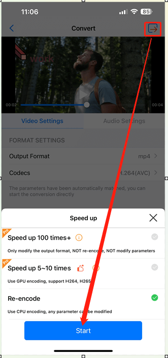 Media Converterでエクスポートアイコンをタップしている様子