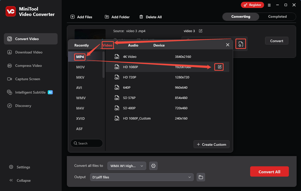 MiniTool Video Converter output format window showing how to open the MP4 format settings window.