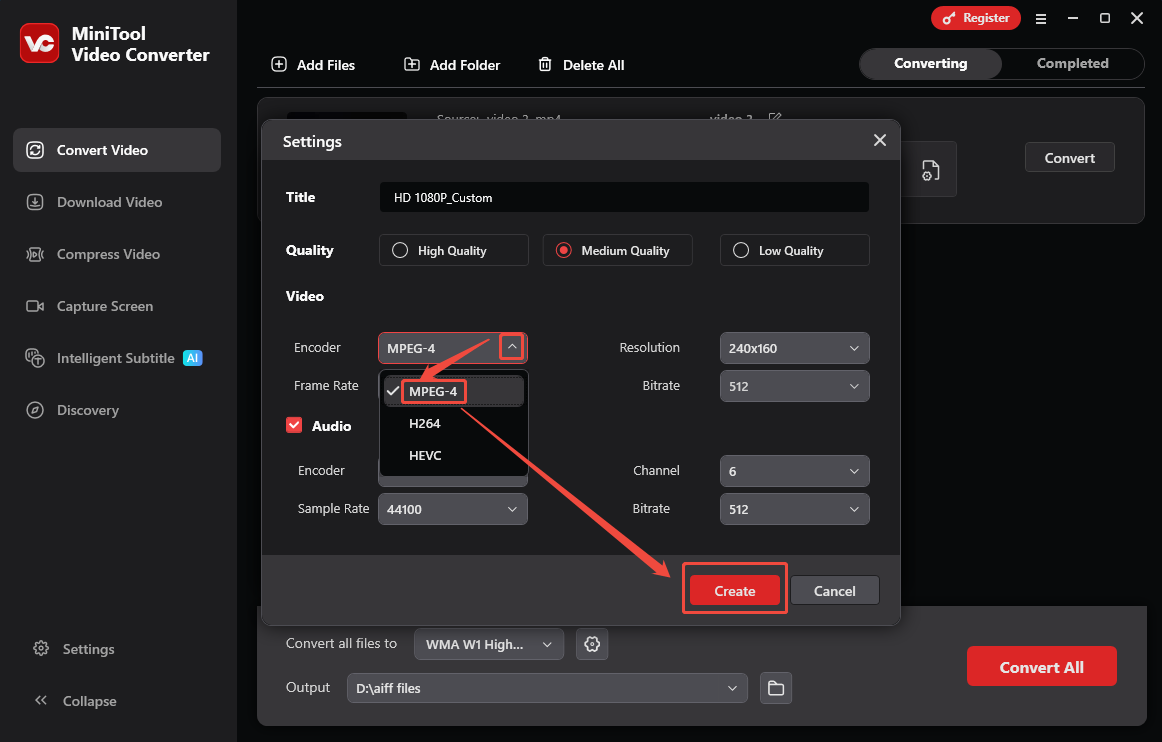 MiniTool Video Converter interface with the MPEG-4 option and the Create button selected.