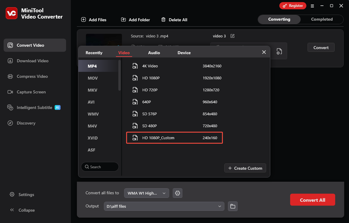 MiniTool Video Converter interface with the HD 1080P Custom option selected.